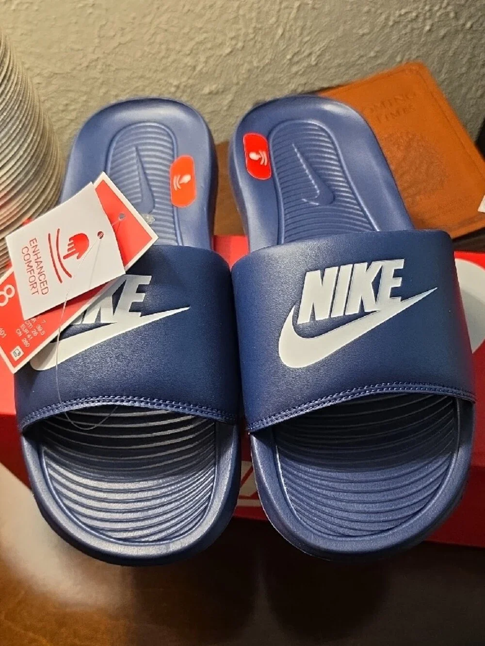 Nike Victori One Navy Blue Slides with White Swoosh Mens 8/Womens 10